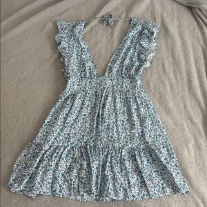 Floral Blue and White deep cut dress